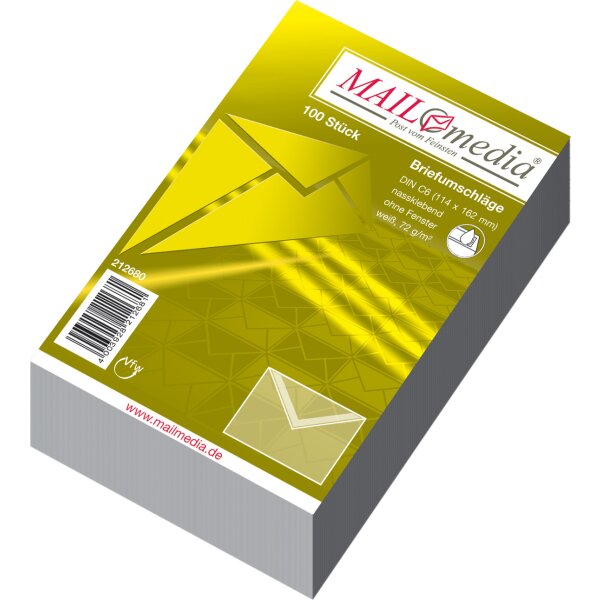 Briefumschlag MAILmedia C6 nassklebend, o. Fenster, 72 q/qm weiß - 100 Pack