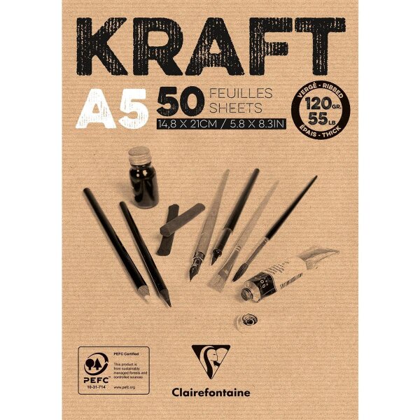 Clairefontaine "KRAFT" Zeichenpapierblock A5 50 Blatt, braun 120 g/qm kopfgeleimt