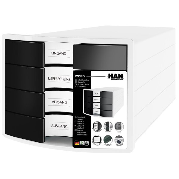 Schubladenbox IMPULS A4/C4, 4 geschlossene Schubladen, gefolt - weiß/schwarz