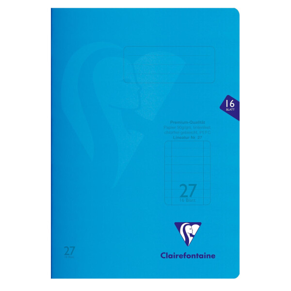 Schulheft Scoolbook A4 - 16 Blatt, transp. Einband, blau - Lineatur 27