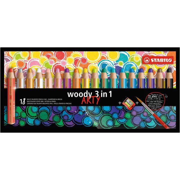 Farbstift woody 3 in 1 wasservermalbar - 18er Etui mit Pinsel und Spitzer ARTY