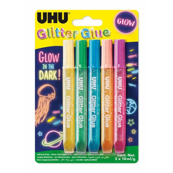 UHU Glitzerkleber Glitter Glue GLOW IN THE DARK, 5 x 10 ml