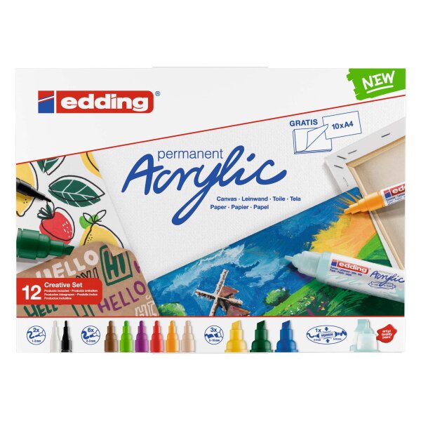 Acrylmarker - 12er Creative Set basic inkl. A4 Leinwandblock