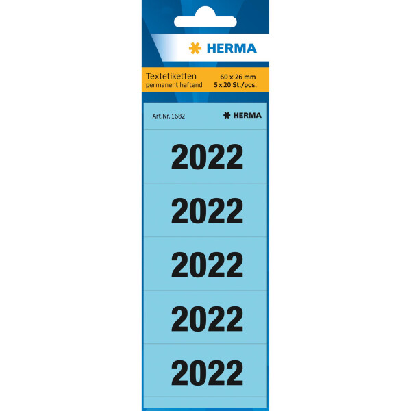 Jahreszahlen 2022 für Ordner, 60 x 26 mm - blau, permanent haftend
