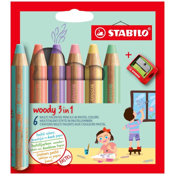 Farbstift woody 3 in 1 wasservermalbar - 6er Etui mit Spitzer Pastellfarben