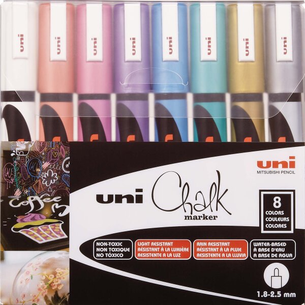 Kreide-Marker Uni Chalk PWE-5M, 1,8 - 2,5 mm - 8er Etui metallic