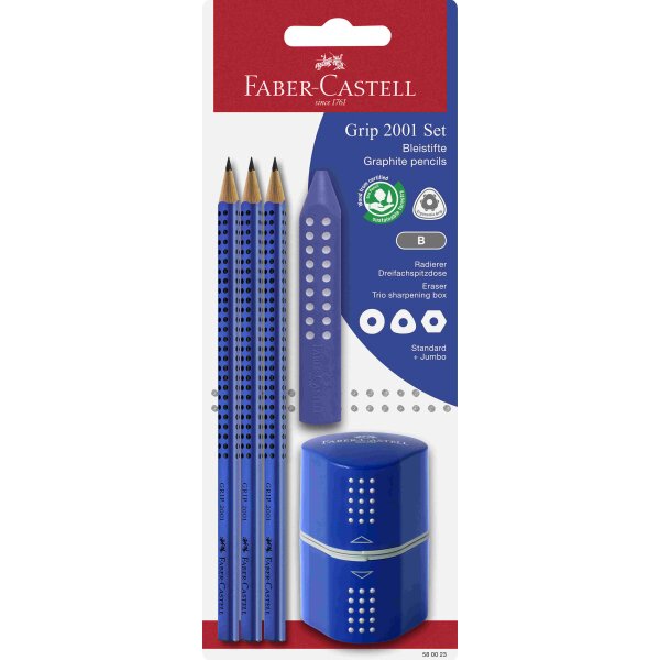 Bleistiftset Grip 2001 3 Bleistifte B, Dreifachspitzdose, Radierer - blau