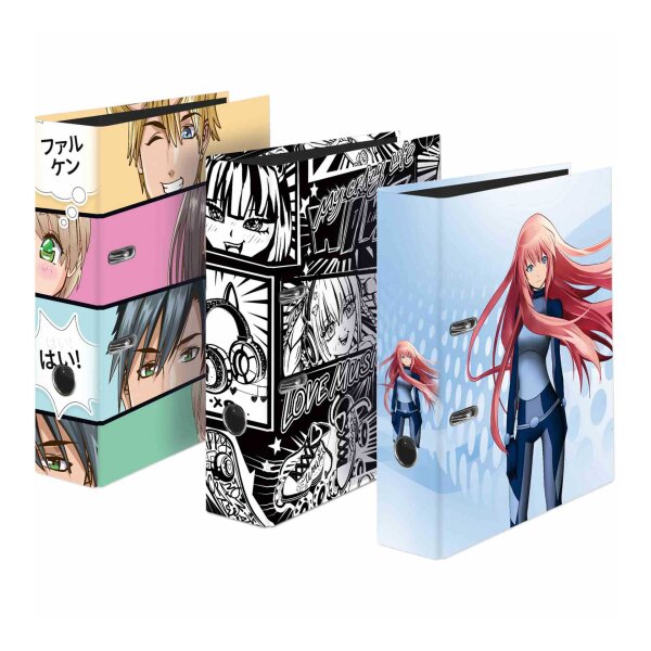 Motiv-Ordner Manga A4 8cm Innenspiegel schwarz - 3 Motive sortiert