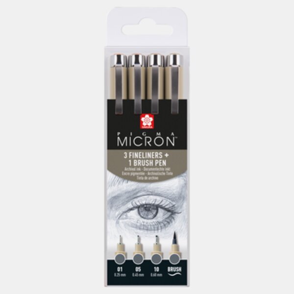 Pigmentliner Pigma Micron - 4er Set kalt-grau 0,25 / 0,45 / 0,60 + brush