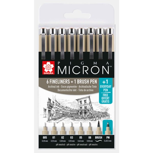Pigmentliner Pigma Micron - 6+1+1 Set 1 Pigma Brush + 1 Tintenroller Pn gratis