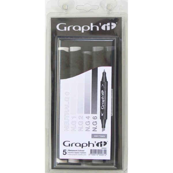 GRAPHIT Marker mit Rund- / Keilspitze Alkohol-basiert, 5er Set - Grey Tones