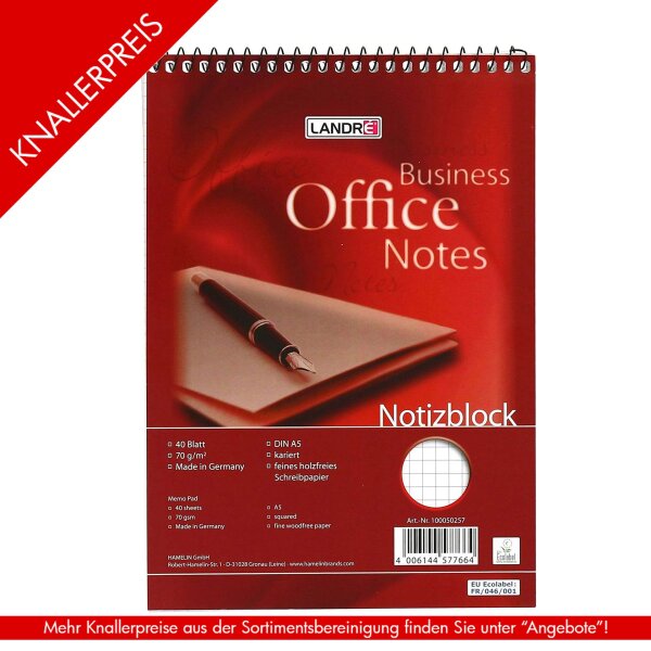 LANDRÉ Spiralnotizblock Office A5, 40 Blatt, 70g/qm,...