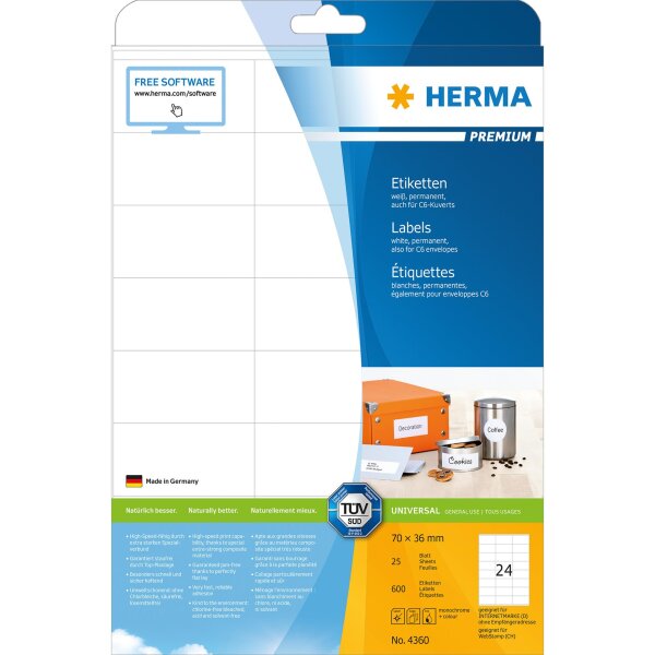 HERMA Universal-Etiketten PREMIUM, 70 x 36mm, weiß