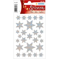 Schmuck-Etikett DECOR - silberne Sterne, 6-zackig irisierende Folie