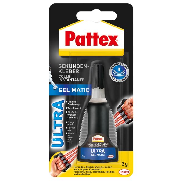 Pattex Sekundenkleber Ultra Gel Matic bruchsichere Verklebung flexiber Materialien - 3g BK