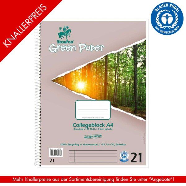 Collegeblock Green Paper A4 80 Blatt 70g/qm - Lineatur 21...