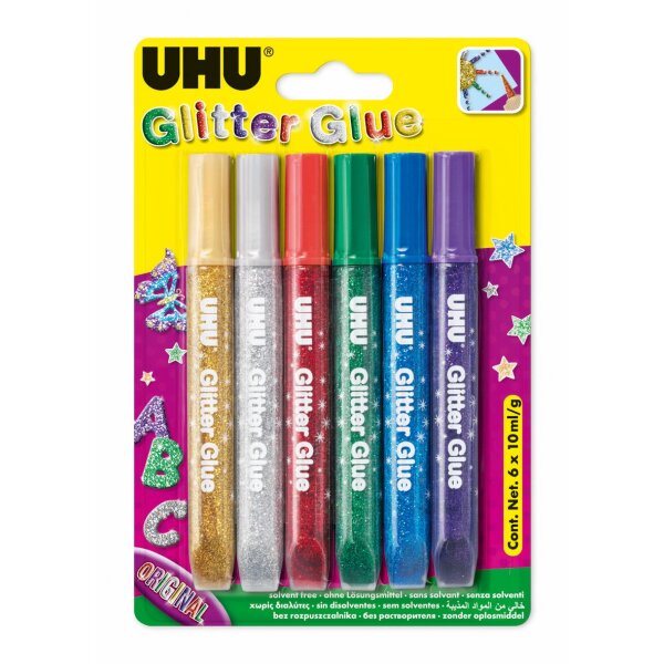 UHU Glitzerkleber Glitter Glue Original, Inhalt: 6 x 10 ml