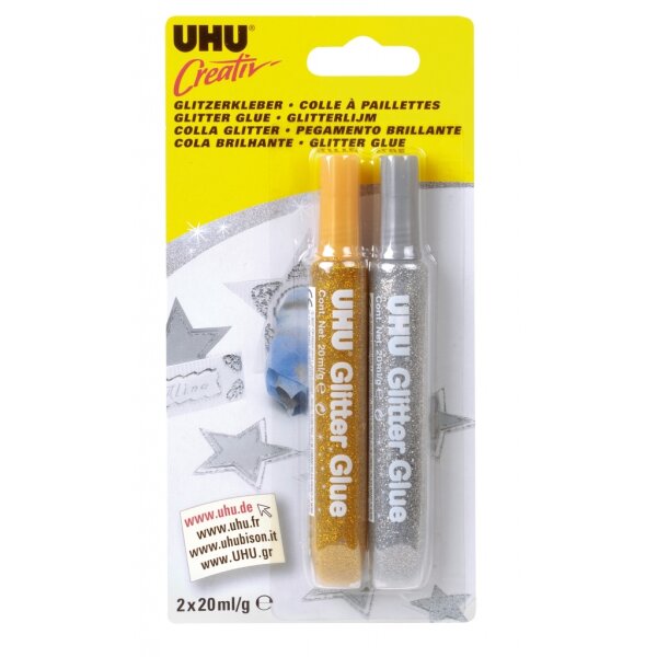 UHU Creativ Glitzerkleber, 2 x 20 ml Tuben, gold + silber