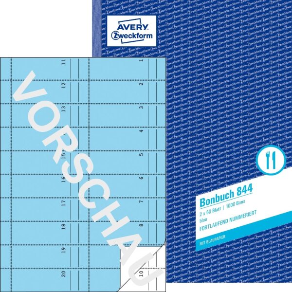 Formularbuch 844 Bonbuch blau A4 - 2 x 50 Blatt, 1000 Bons