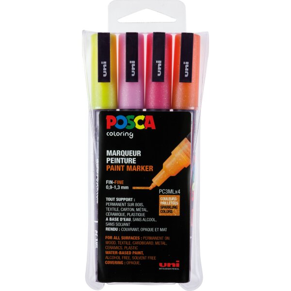 Marker POSCA PC-3M fein Rundspitze 0,9-1,3 mm - 4er Etui Glitter-Farben hell