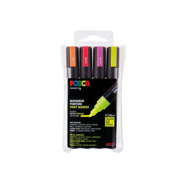 Marker POSCA PC-5M mittelfein Rundspitze 1,8-2,5 mm - 4er Set NEON-Farben sortiert