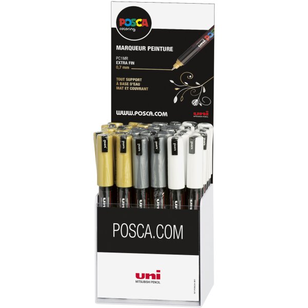 Marker POSCA PC-1MR extra-feine kalibrierte Spitze 0,7 mm - 36er Kompaktdisplay gold/silber/weiss