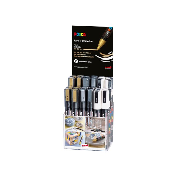 Marker POSCA PC-5M mittelfein Rundspitze 1,8-2,5 mm - 36er Display gold/silber/weiss