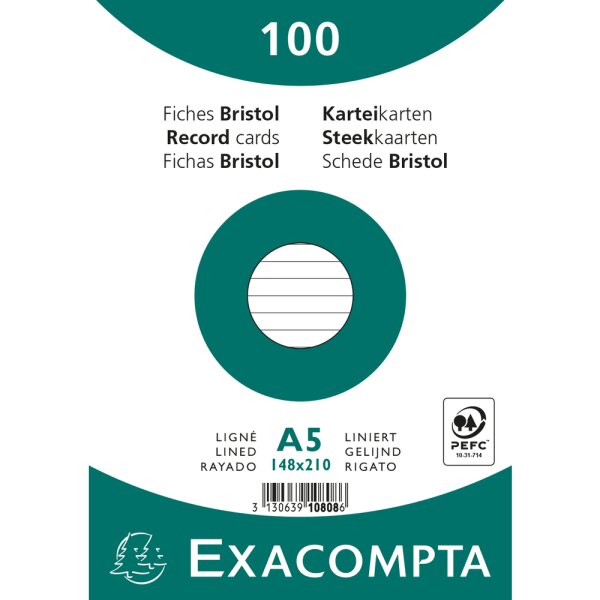 EXACOMPTA Karteikarten A5 liniert 100St/Pkg weiss