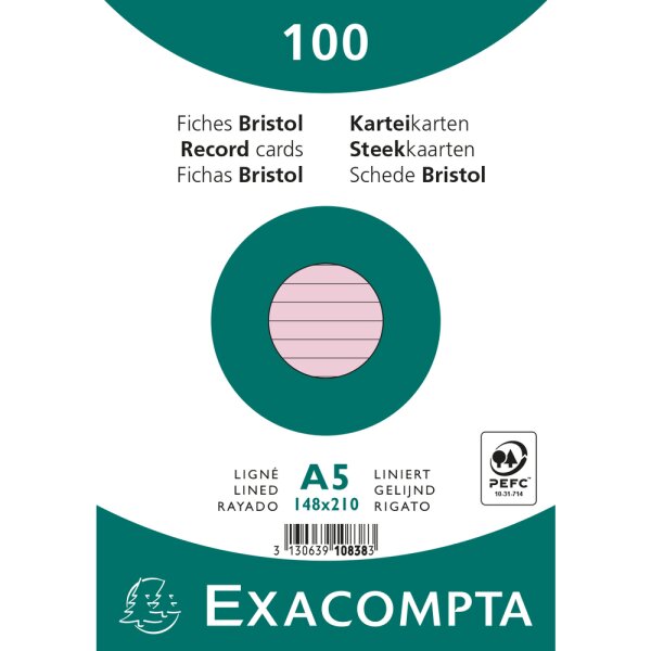 EXACOMPTA Karteikarten A5 liniert 100St/Pkg rosa