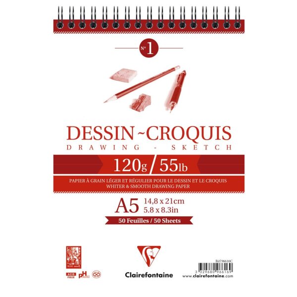 Clairfontaine Croquis Spiral-Skizzenblock A5 50 Blatt...
