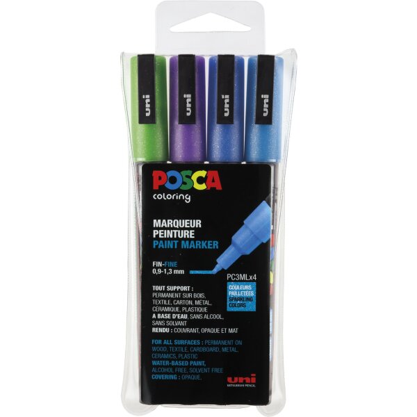Marker POSCA PC-3ML fein Rundspitze 0,9-1,3 mm - 4er Etui Glitter-Farben dunkel