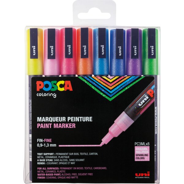 Marker POSCA PC-3ML fein Rundspitze 0,9-1,3 mm - 8er Etui Glitter-Farben