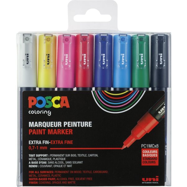 Marqueur POSCA PC-1MC pointe ogive extra-fine 0,7 mm - jeu de 8 couleurs de base
