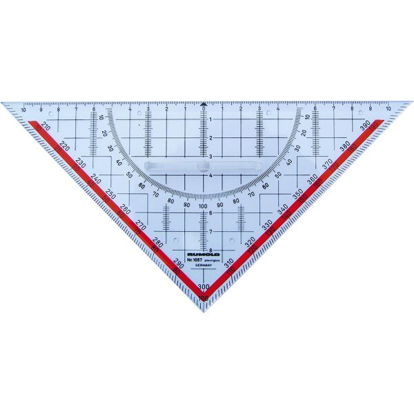 TZ-Dreieck 225 mm, Plexiglas transparent, mit festem Griff, hinterlegter Gonskala, mit Winkelteilung 200 Gon
